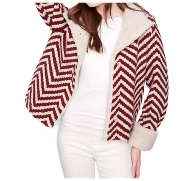 NEW CHARLIE B chevron bouclé short jacket with sherpa trim in cabernet